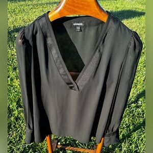 Women’s Express L Black Long Sleeve Sheer Top Satin Detail